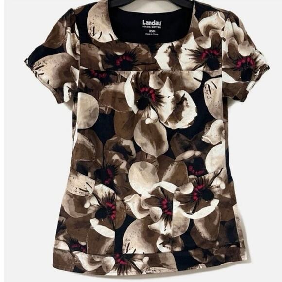 LANDAU Scrub Top Womens Size XSM Brown Black Floral Print - Picture 1 of 3